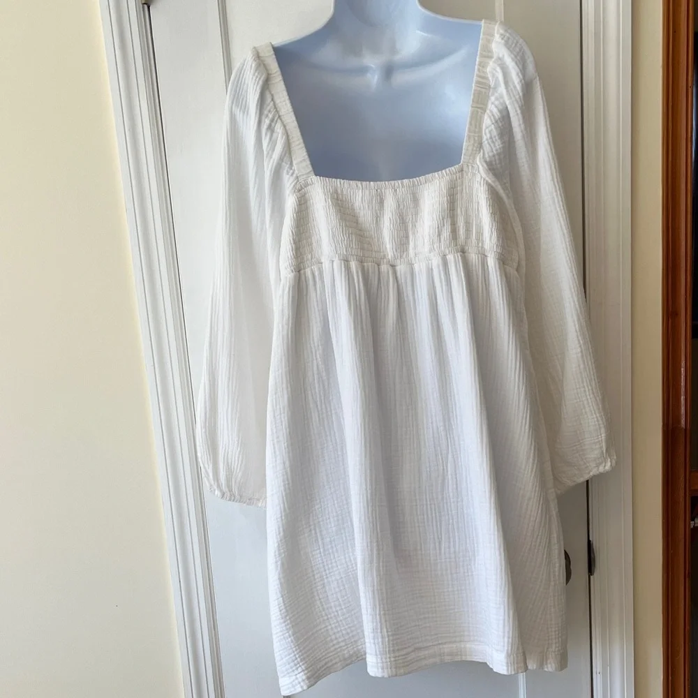 NWT J. Crew Cotton Long Sleeve Dress Women L White Pockets Cottage Babydoll Flaw